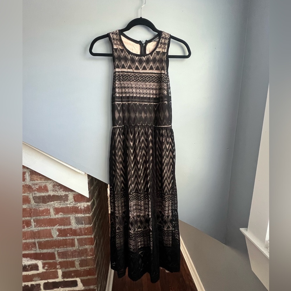 Black lace cutout long dress (mid calf), sleeveless